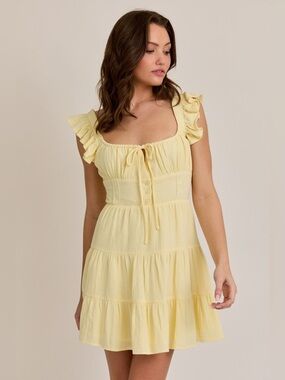 Le Lis Pale Yellow Ruffle-Sleeve Tiered Mini Dress
